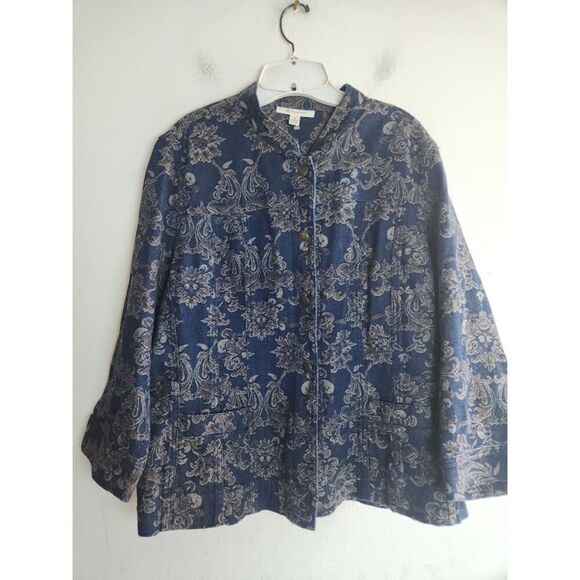 JM Collection Women Dark Blue w/Gold Floral Print Cotton Denim Jacket Blazer 16 - Picture 6 of 9
